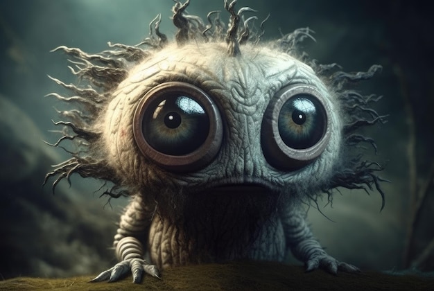 Un pequeño monstruo con grandes ojos se sienta sobre un fondo oscuro.