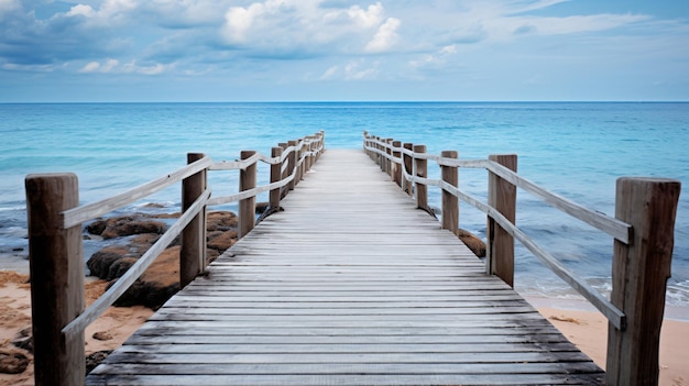 Un pequeño muelle de madera vacío con escaleras dominicanas