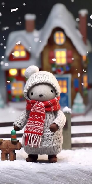 Pequeño muñeco de nieve con una bufanda y guantes en el fondo de una aldea de invierno