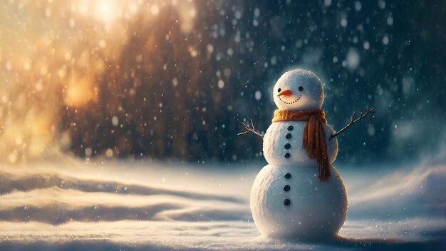 Pequeño muñeco de nieve en el día de invierno frente al primer plano del bosque de abetos con enfoque selectivo y arte generado por la red neuronal bokeh