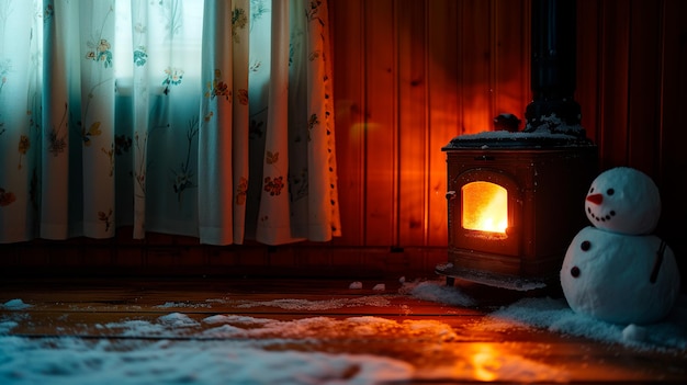 Pequeño muñeco de nieve junto a una estufa encendida en una habitación con un piso de madera Concepto de cambio climático