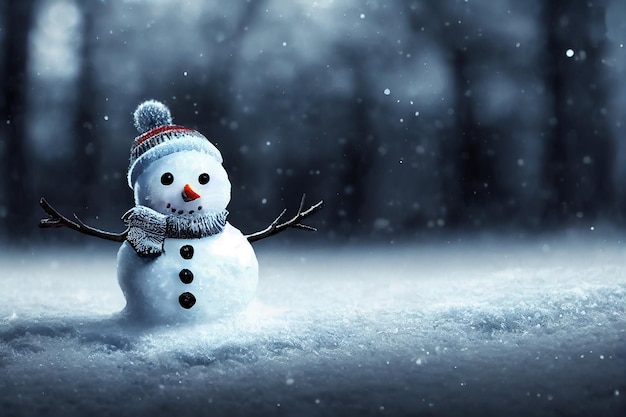Pequeño muñeco de nieve lindo en el bosque de fantasía