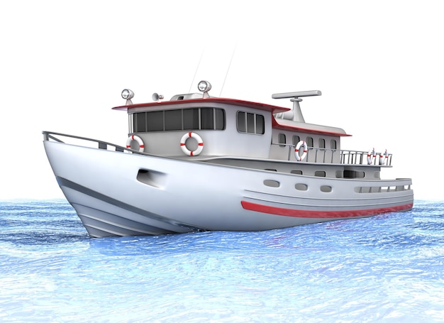 Pequeno navio de pesca no mar Ilustração 3D