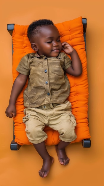 Pequeño niño africano durmiendo sonriendo en el pequeño colchón