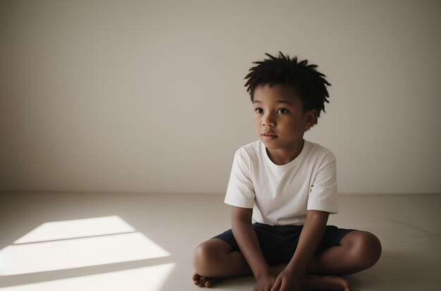 Pequeño niño afroamericano con una camiseta blanca y pantalones cortos sentado en el suelo