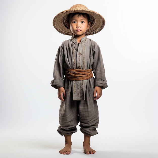 Pequeño niño asiático vietnamita en ropa nacional retro vintage retrato en primer plano en blanco