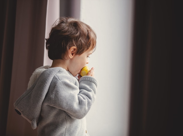 Pequeño niño comiendo una manzana