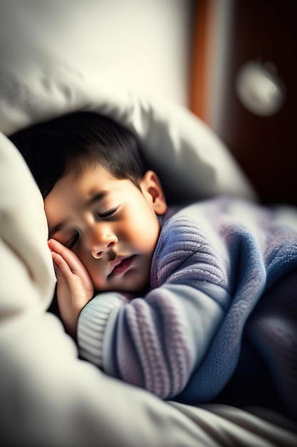 Pequeño niño duerme en la cama con una cámara de juguete