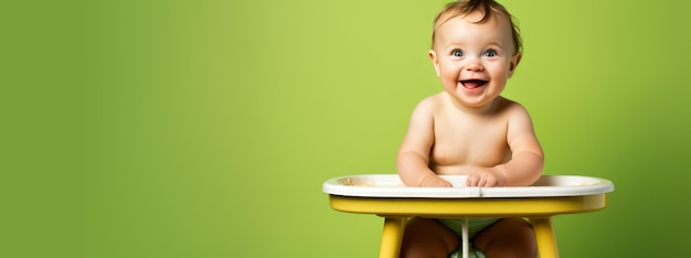 Pequeño niño feliz sonríe y se sienta en la mesa Concepto de comida saludable para niños Fondo verde Ilustración generativa de Ai