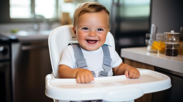 Pequeño niño feliz sonrisa El niño está sentado en la cocina comiendo Concepto de comida saludable para niños Ilustración generativa de Ai