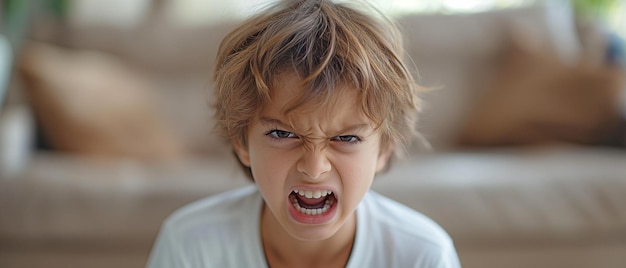 Pequeño niño mostrando agresión y una sonrisa de ira