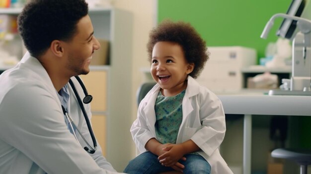 pequeño niño de raza mixta bonito sentado en las rodillas de mamá hablando con sonriente médico afroamericano