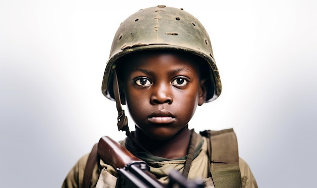 Foto pequeño niño soldado africano aislado en fondo blanco niño guerrero en uniforme militar niño