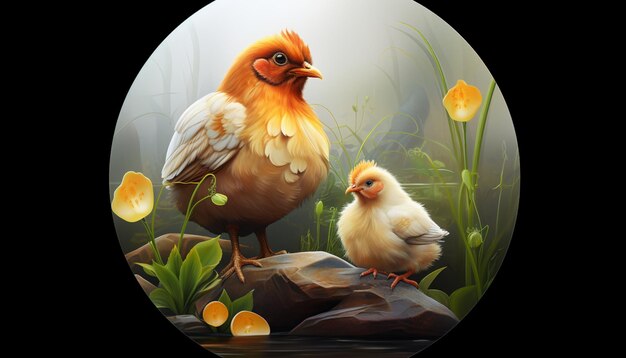 Foto pequeno ornamento circular representando uma galinha bonita e galinha-mãe no estilo de objetos 3d luminosos wimmelbilder paisagens cheias de luz precisas e realistas ferr