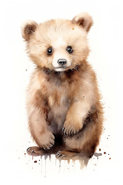 Pequeño oso marrón dibujado en estilo de pintura acuática aislado sobre un fondo blanco