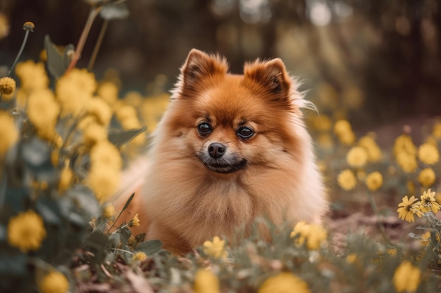 Un pequeño oso de Pomerania descansa en el parque entre las flores.