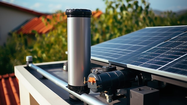 Pequeno painel de sistema de aquecimento solar de água e tanque de cilindro instalado no telhado de uma casa