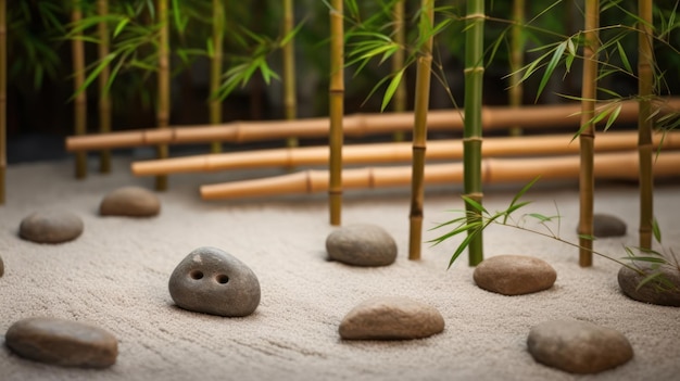 Un pequeño paisaje con árboles de bambú y rocas en primer plano.