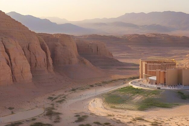 Un pequeño paisaje urbano moderno futurista en un lago desértico río al lado de la ciudad desértica construcción de montañas