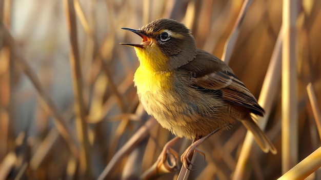 Un pequeño pájaro amarillo con cabeza marrón y vientre blanco posado en una rama y cantando El pájaro está mirando hacia el espectador y tiene el pico abierto