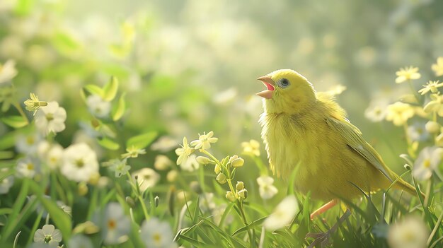 Foto pequeño pájaro amarillo cantando en un campo de flores blancas y amarillas el pájaro está posado en un tallo verde y tiene su pico abierto en la canción