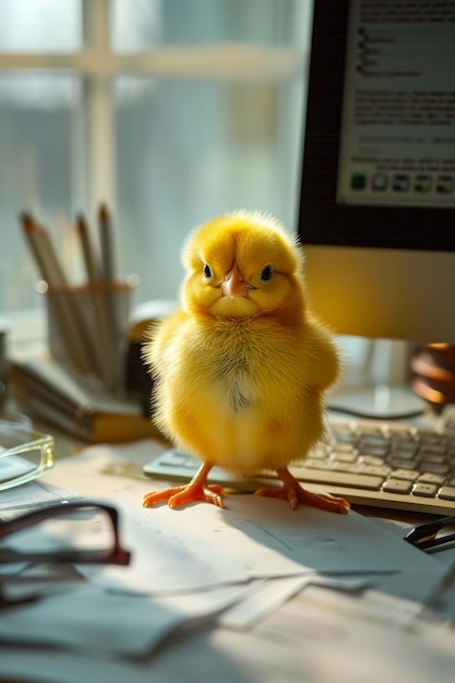 Pequeño pájaro amarillo está de pie en el escritorio frente al monitor de la computadora