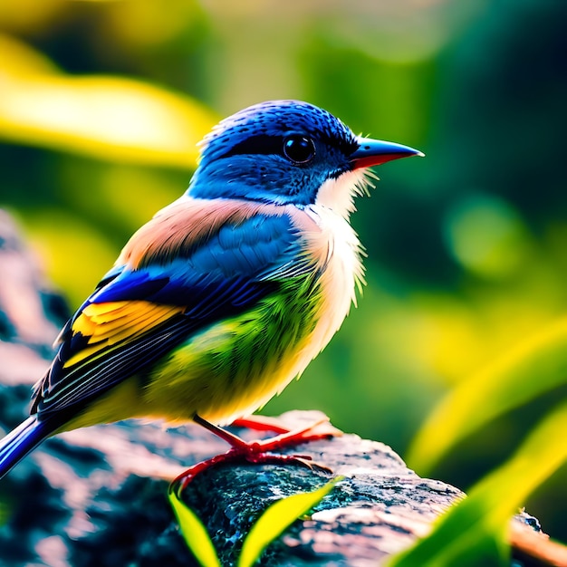 Foto un pequeño pájaro azul y amarillo con un fondo verde.