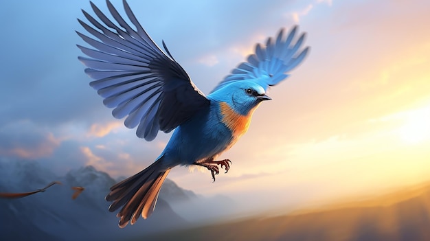 El pequeño pájaro azul que vuela realista