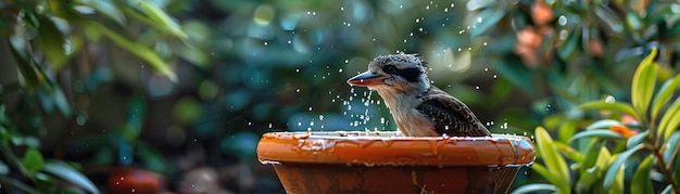 Un pequeño pájaro se está bañando en un baño de pájaros el agua está salpicando a su alrededor el pájaro está disfrutando del agua fresca en un día caluroso