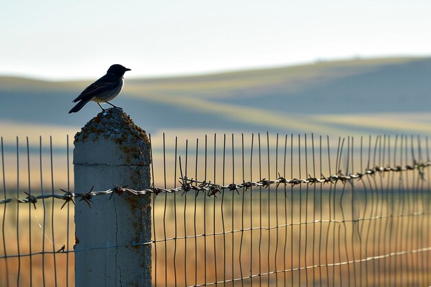 pequeño pájaro está posado en uno de los postes de hormigón que soportan la valla