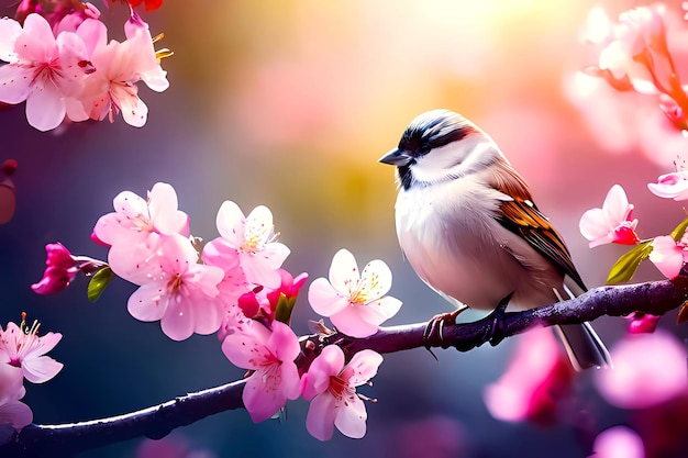Un pequeño pájaro está sentado en una rama con flores de cerezo rosas en un fondo verde