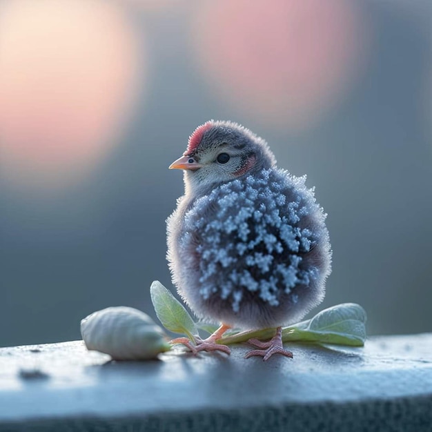 Un pequeño pájaro con nieve en sus plumas está sentado en una repisa.