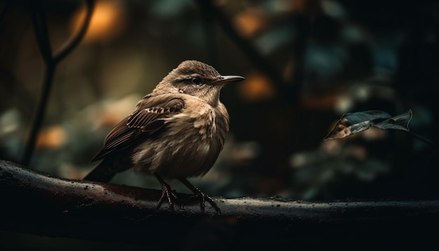 Pequeño pájaro posado en una rama cerca de un retrato generado por IA