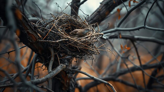 Foto un pequeño pájaro se sienta en su nido hecho de ramas y ramas en lo alto de un árbol