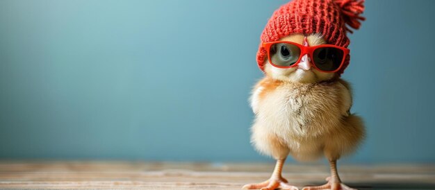 Pequeño pájaro con sombrero de punto rojo y gafas de sol