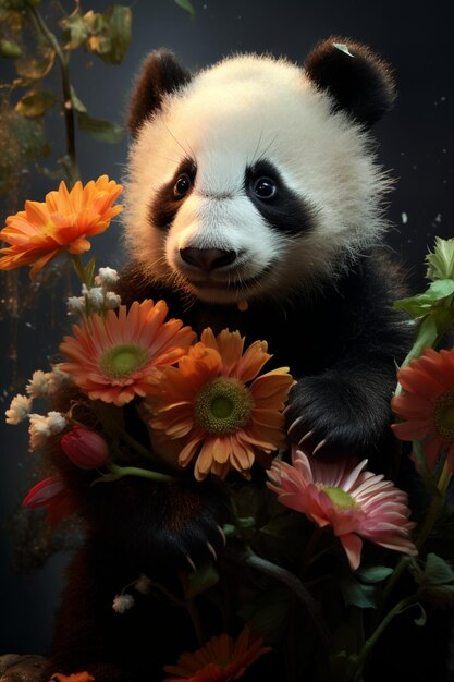 pequeno panda bebê bonito com flores coloridas em suas mãos