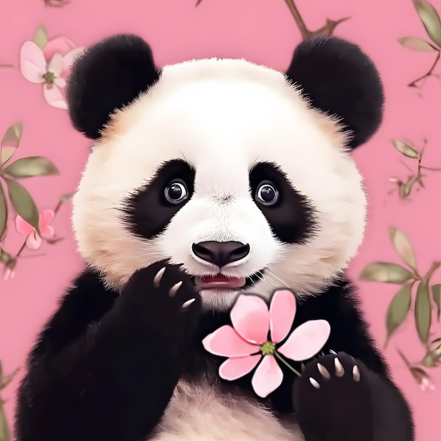 Un pequeño panda lindo con flor