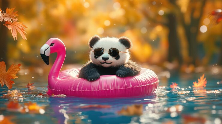 Un pequeño panda que se ve muy fresco con gafas de sol de aviador disfruta de una flotación tranquila