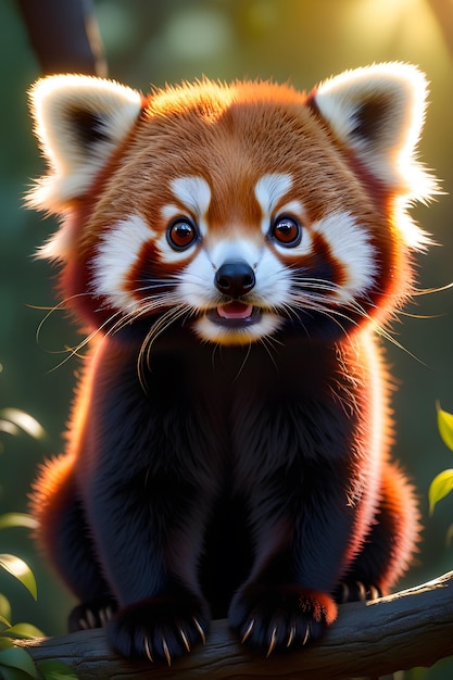 Pequeño panda rojo lindo en un árbol con luz de fondo