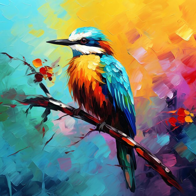 Pequeno pássaro empoleirado em galhos de cores vibrantes
