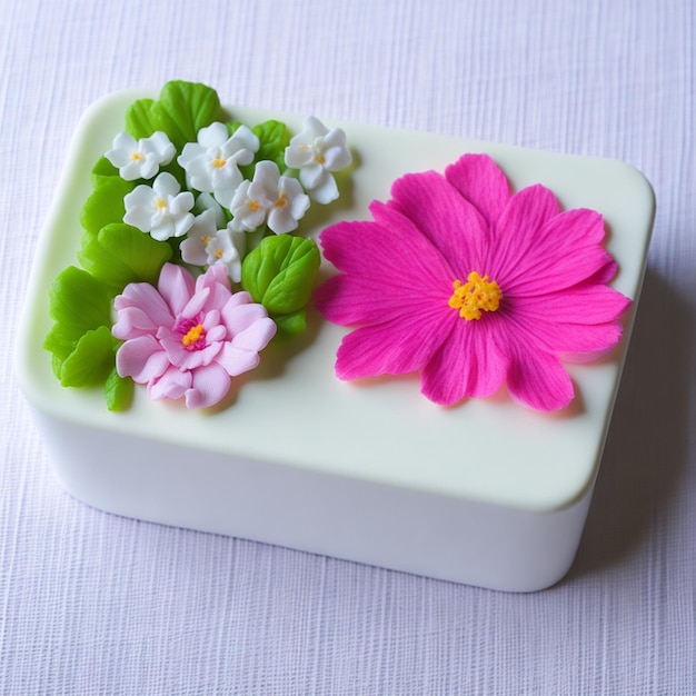 Foto pequeño pastel bento blanco con flores rosas dibujadas
