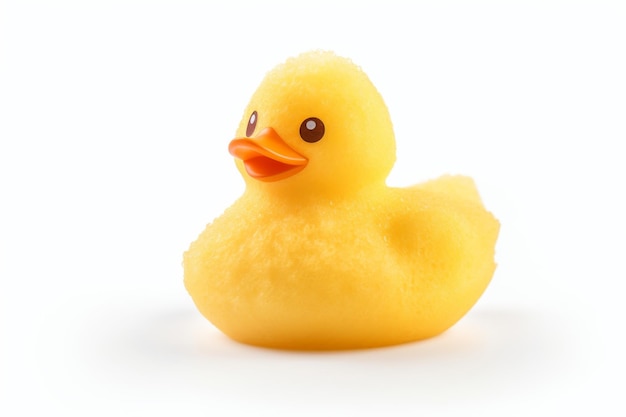 Pequeño pato de goma amarillo sobre un fondo blanco sobre una superficie blanca o clara PNG Fondo transparente