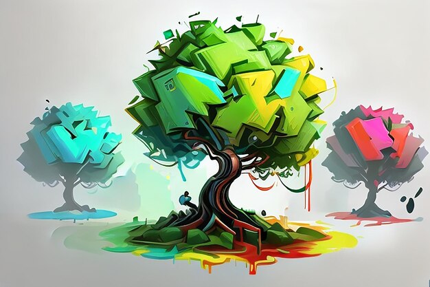 Un pequeño patrón de árbol moderno con colores audaces y formas abstractas renderizadas en un estilo de arte digital