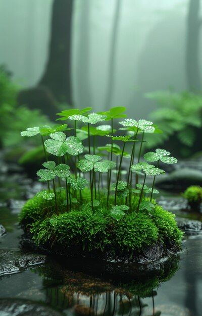 Pequeno pedaço de terra em pântano com água e plantas verdes exuberantes