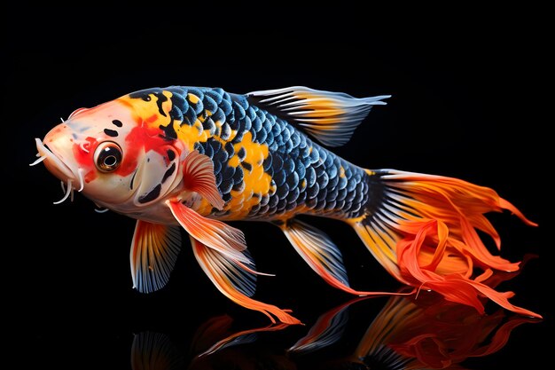 pequeno peixe koi colorido brilhante isolado fundo preto Generative AI