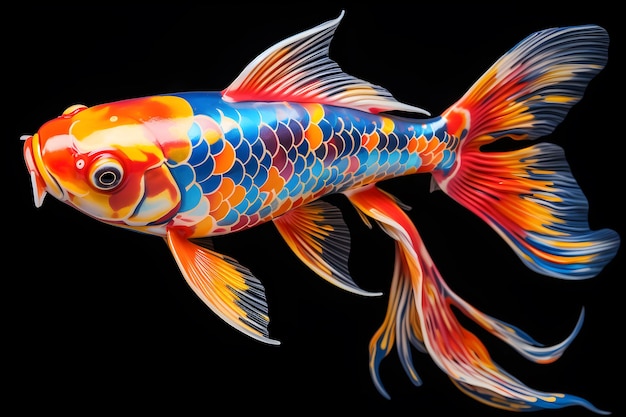 pequeno peixe koi colorido brilhante isolado fundo preto Generative AI