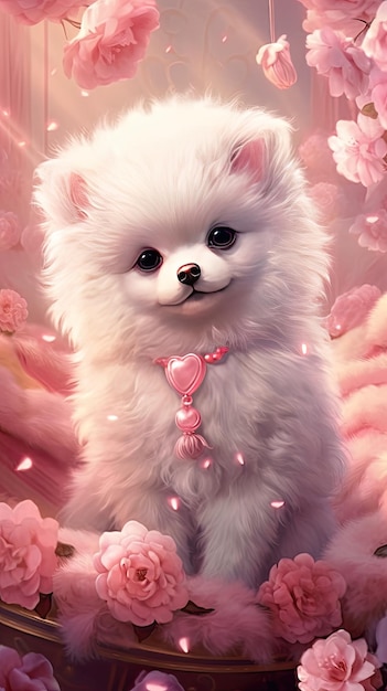 Un pequeño perro blanco con un collar de corazón rosa se sienta en un paisaje florido.