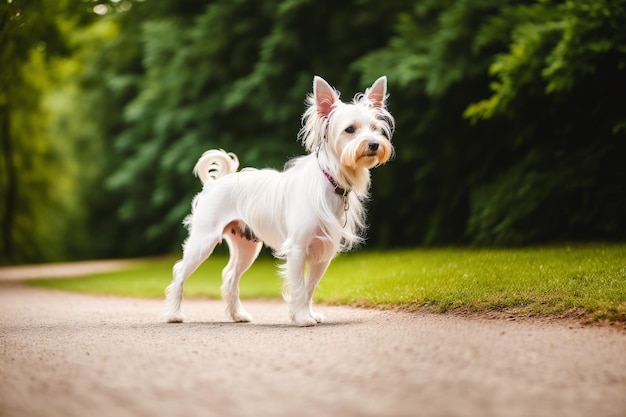 Un pequeño perro blanco se encuentra en un camino en un parque.