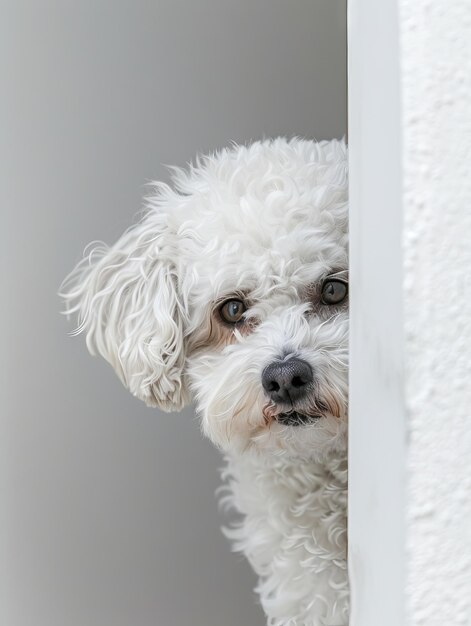 Un pequeño perro blanco espiando por una pared