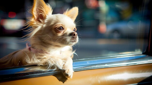 Un pequeño perro blanco está sentado en la ventana de un coche